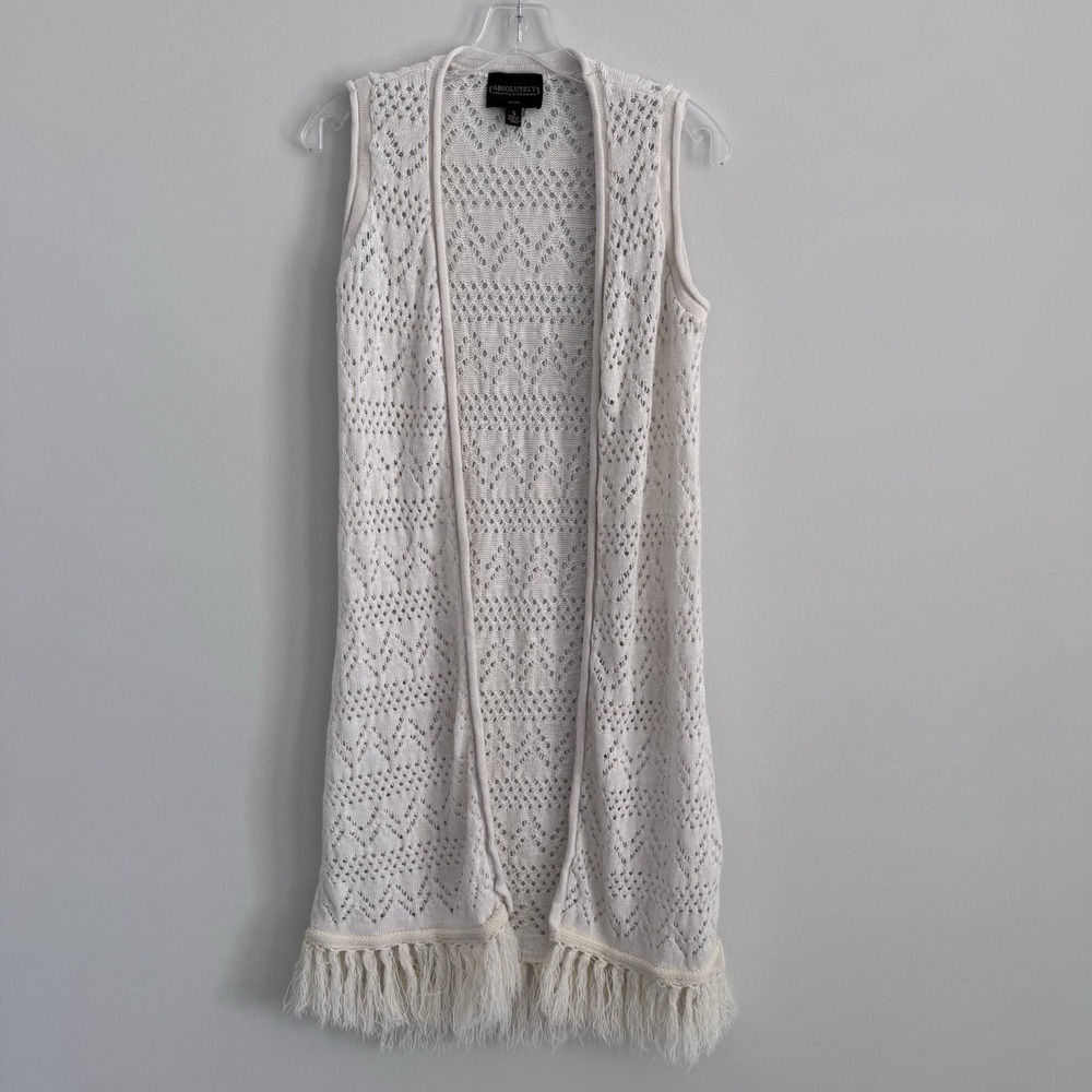 Absolutely Creative Ivory Fringe Knit Vest S Boho Duster
